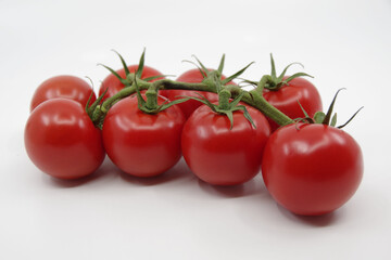 Tomato branch. Tomatoes isolated on a white background. Red tomatoes on a twig on a white background. 