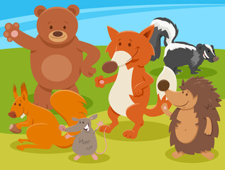 happy cartoon wild animal characters group