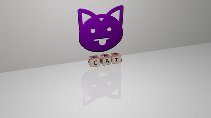 3D representation of CAT with icon on the wall and text arranged by metallic cubic letters on a mirror floor for concept meaning and slideshow presentation. animal and illustration