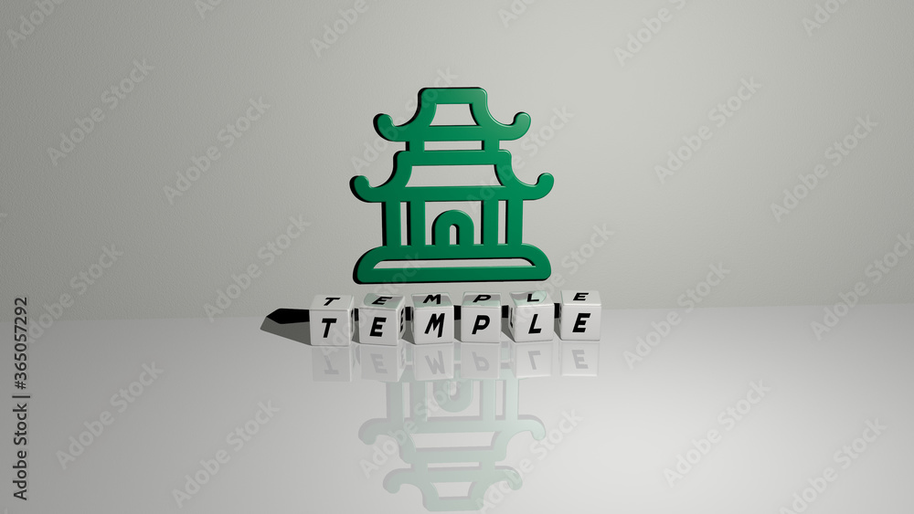 Poster 3d graphical image of temple vertically along with text built by metallic cubic letters from the top