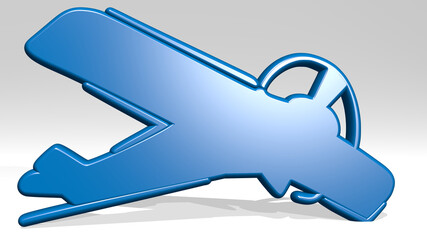 aeroplane from a perspective with the shadow. A thick sculpture made of metallic materials of 3D rendering. airplane and aircraft