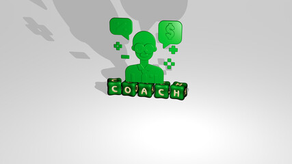 3D graphical image of COACH vertically along with text built by metallic cubic letters from the top perspective, excellent for the concept presentation and slideshows. business and illustration