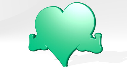 heart with message stand with shadow. 3D illustration of metallic sculpture over a white background with mild texture. love and design