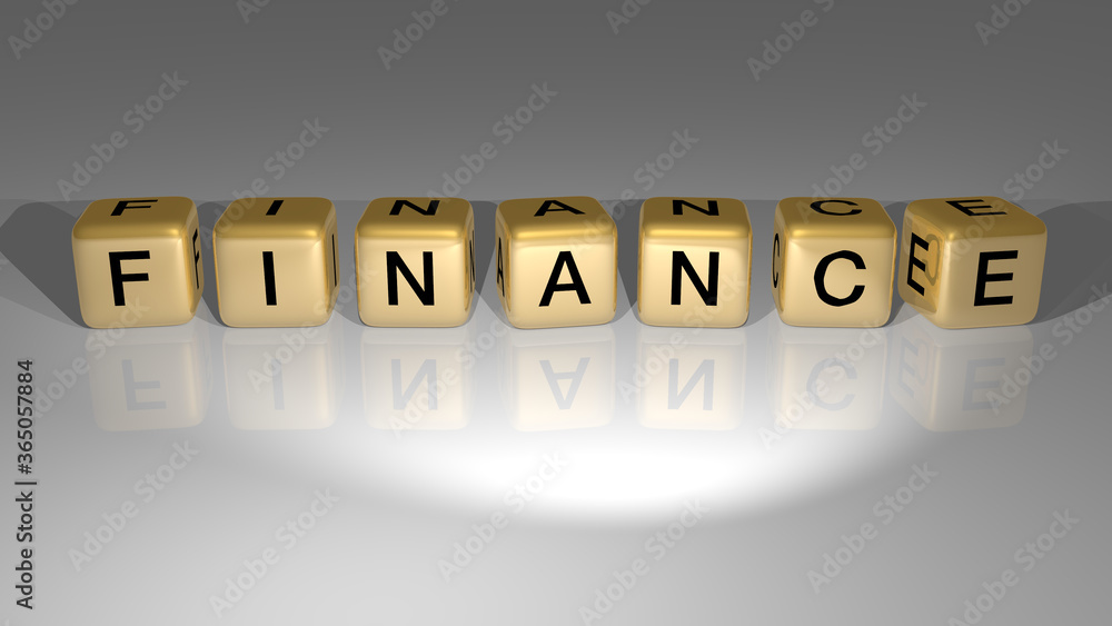 Aufkleber 3d graphical image of finance vertically along with text built by metallic cubic letters from the to