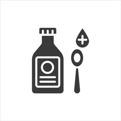 Bottle of medical syrup glyph black icon. Medical mixture in spoon and container. Treatment infectious diseases, colds, flu, cough. Sign for web page, mobile app