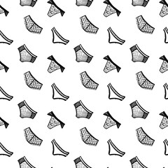Seamless underwear vector pattern on white background. Hand drawn panties in inky style. Perfect for wallpaper or fabric. Black and white illustration.