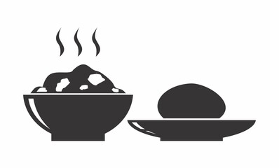 African food icon. Traditional dish of starch and vegetable soup or sauce, popular in many African countries. Garri, Eba, Ugali or Fufu dish symbol.