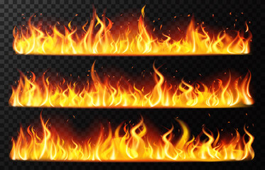 Realistic flame borders. Burning horizontal fire flame, red burning blaze border, fiery burning line isolated vector illustration set. Realistic fire light, bonfire flame inferno © WinWin