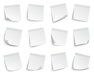 Note paper stickers. White blank memo paper notes, sticky paper sheets, business post-it notes vector illustration set. Paper note sticker blank to office post reminder