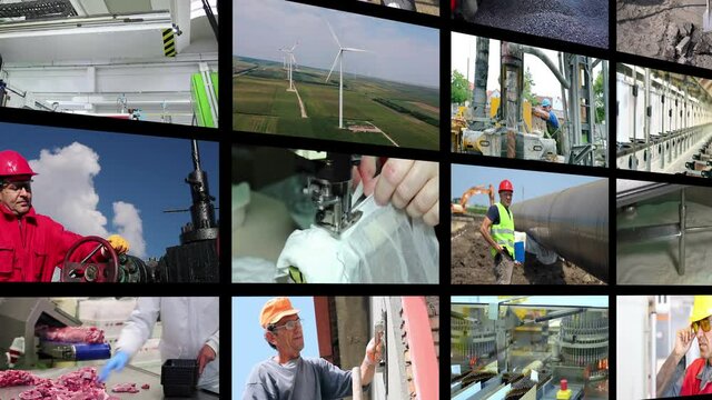 Video Wall Montage - Industrial Production - Collage of Video Clips Showing People of Different Professions at Work