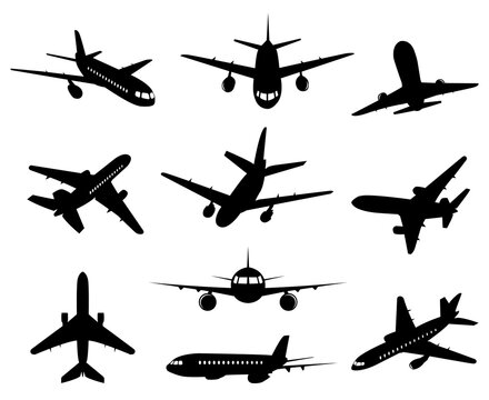 Airplane silhouette. Passenger plane, back front and bottom views, aircraft jet silhouettes isolated vector illustration icons set. Jet monochrome, plane and airplane, commercial passenger flight
