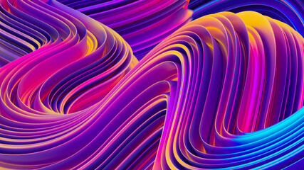 3D abstract geometric twisted ultraviolet shapes, liquid bright background, abstract flow shapes, multicolored template for banners and posters, 3D rendering.