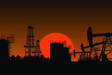 Oil production. Silhouettes of oil derricks and tanks on a sunset background. Vector illustration