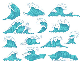 Oceanic waves. Sea hand drawn tsunami or storm waves, marine water shaft, ocean beach surfing waves isolated vector illustration icons set. Tsunami storm, sea wave motion - obrazy, fototapety, plakaty