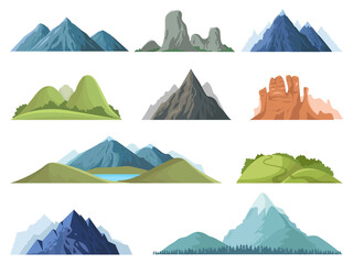 Rocky mountains. Mountain tops outdoor landscape, winter peaks, hilltop with trees, hiking mountain valley landscape vector illustration set. Range rock, mountain rocky environment top