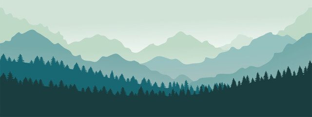 Mountains panorama. Forest mountain range landscape, blue mountains n twilight, camping nature landscape silhouette vector illustration. Forest range landscape, panorama silhouette hill - obrazy, fototapety, plakaty