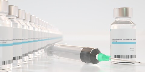 Vials with haemophilus influenzae type B vaccine and syringe. 3D rendering