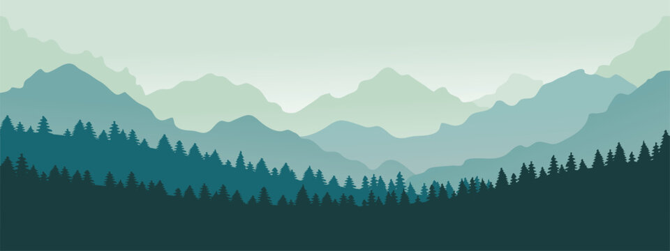 Mountains panorama. Forest mountain range landscape, blue mountains n twilight, camping nature landscape silhouette vector illustration. Forest range landscape, panorama silhouette hill