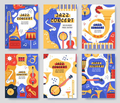 Music festival posters. Musical party or event music instruments abstract banner, jazz concerts invitation brochure, vector illustration set. Jazz music poster festival, banner colored