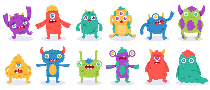 Cartoon monster characters. Halloween funny monsters, cute fluffy alien mascots, silly gremlin monsters, spooky creatures vector illustration set. Spooky monster smile, character halloween scary
