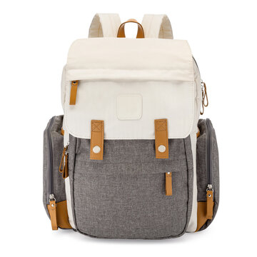 Gray Cream Retro Vintage Canvas Diaper Backpack Isolated. Satchel Rucksack With Leather Trim. Camping Daypack Front View. Travel Back Pack. Drawstring Bag With Shoulder Straps & Haul Loop