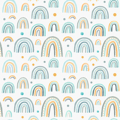 Watercolor nursery raindow seamless pattern. Scandinavian style hand painted rainbows background. Baby shower boy girl rainbow scrapbook paper. Kids fabric design illustration in trendy pastel colors.