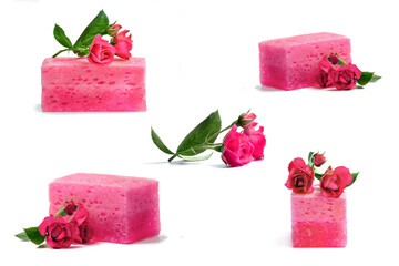 collage of four photos- of soap from tea rose extract and rose on a branch with leaves on a white background