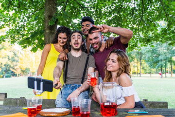 multiethnic group of millennial friends take a selfie outdoors