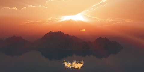 above islands in sea sunset, illustration