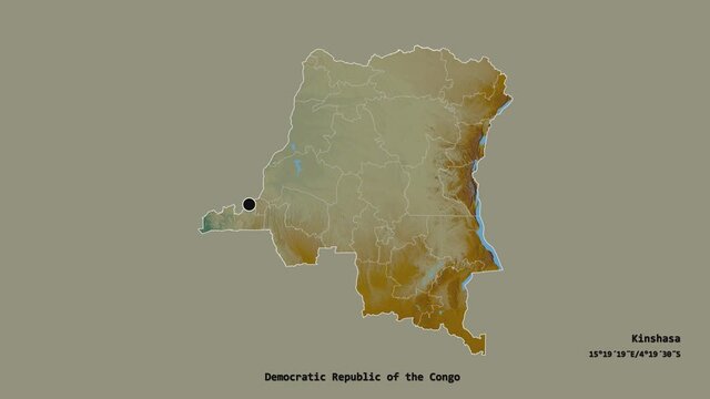 Ma&iuml;-Ndombe, province of Democratic Republic of the Congo, with its capital, localized, outlined and zoomed with informative overlays on a relief map in the Stereographic projection. Animation 3D
