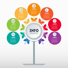 Business presentation or infographics concept with 7 options and icons. Chart in the shape of a plant or tree. Info graphic of technology or education process with seven steps.