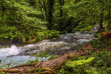 Water gushes down the lower reaches of the waterfalls at Marmore, Umbria, Italy in summer