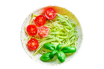 zucchini and tomato vegetables salad snack Menu serving size. food background top view copy space organic healthy eating raw keto or paleo diet