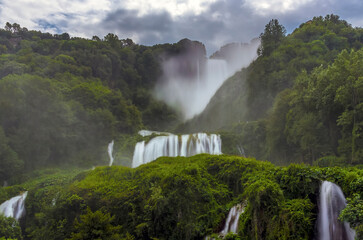 A long exposure panorama view across the Roman waterfalls at Marmore, Umbria, Italy in summer