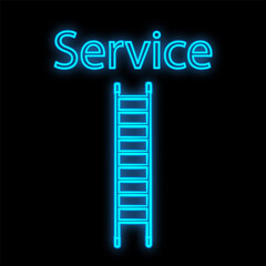 Bright luminous blue industrial digital neon sign for shop workshop service center beautiful shiny with stairs for repair on a black background. Vector illustration