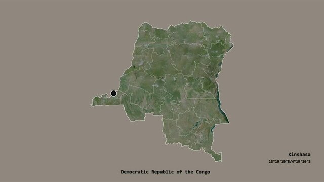 Nord-Ubangi, province of Democratic Republic of the Congo, with its capital, localized, outlined and zoomed with informative overlays on a satellite map in the Stereographic projection. Animation 3D