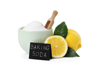 Baking soda and cut lemons on white background