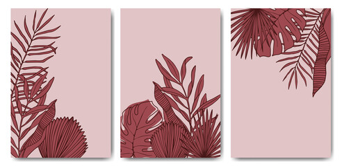 Set poster of red tropical leaves on a gentle pastel background. Abstract trendy template with branches and leaves monstera, palm, banana. Hand-drawn in line art style.