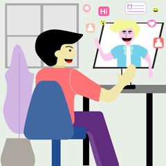 Modern communication, Friend greeting on computer, people wave their hands on the monitor, Flat vector illustration.