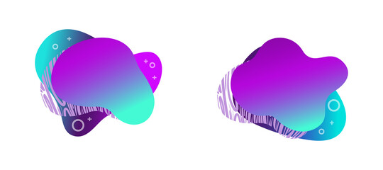 Abstract fluid gradiented shape set, trendy neon blue violet cyan colors. Useful as a design element for web banners, flyers. Isolated, white background, applicable for your text. Vector illustration.