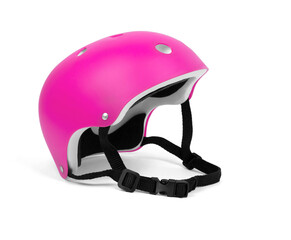 Pink bicycle helmet on white background