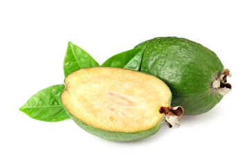 Tropical fruit feijoa with slices isolated on white background. Acca sellowiana