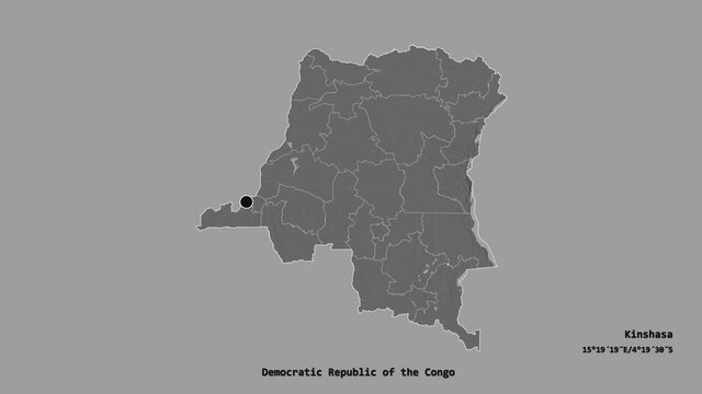 Sud-Ubangi, province of Democratic Republic of the Congo, with its capital, localized, outlined and zoomed with informative overlays on a bilevel map in the Stereographic projection. Animation 3D