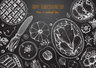 Thanksgiving day top view vector illustration. Food hand drawn sketch. Festive dinner with turkey and potato, corn, grilled vegetables, berries. Autumn food sketch. Engraved image.
