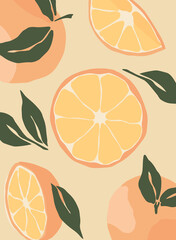 Abstract still life with oranges in pastel colors. modern art in a flat style for social media, poster, postcard, print. Hand drawn oranges, peaches, tangerines, Fruits with leaves