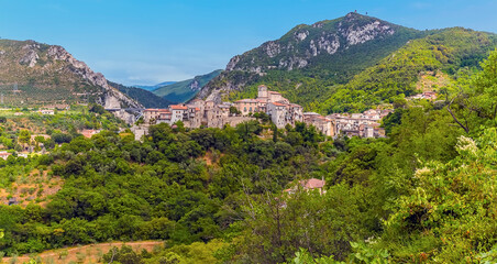 Fototapeta na wymiar A panorama view towards the village of Papigno towards the Roman waterfalls at Marmore, Umbria, Italy in summer