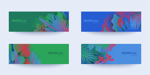 Tropical theme banners set. Colorful compositions of palm leaves and halftone patterns. Geometric design templates with place for text. Social media promotion. Flat style vector illustration