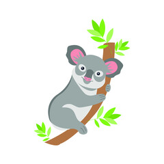 Koala bear on a branch in flat style isolated on white background. Mammal animal of Australia. Stock vector illustration.