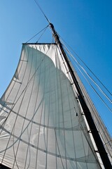 Obraz premium Yacht sail in focus. Yacht equipment and tackle close-up. Deck of the sailing yacht. Yacht sailing to the shore on a sunny day. Yachting in the sea. Yachting sport. Ocean regatta on sailing yachts.