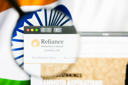 New York, New York State, USA - 21 May 2019: Illustrative Editorial of indian company Reliance Industries website homepage. Reliance Industries logo visible on display screen.